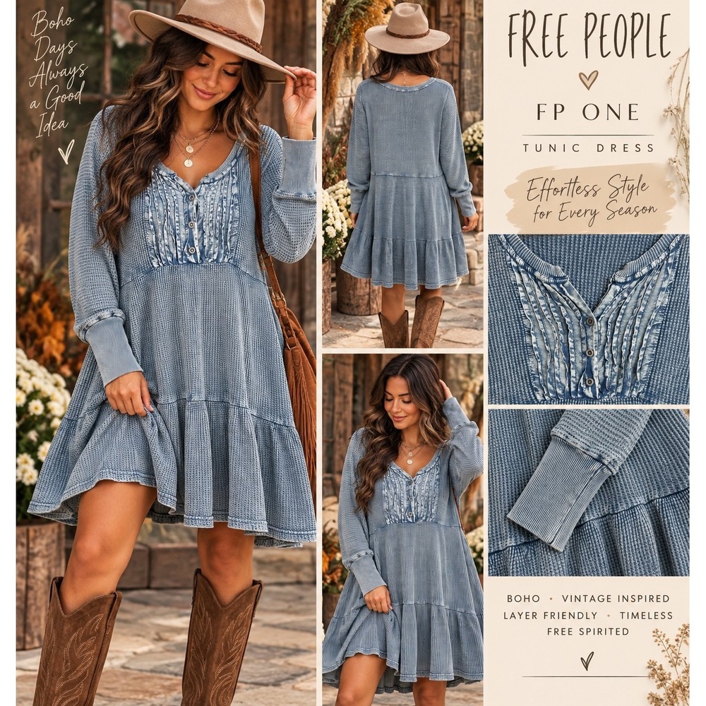 Free People FP One Tunic Dress Blue Acid Wash Waffle Knit Boho Mini Lg